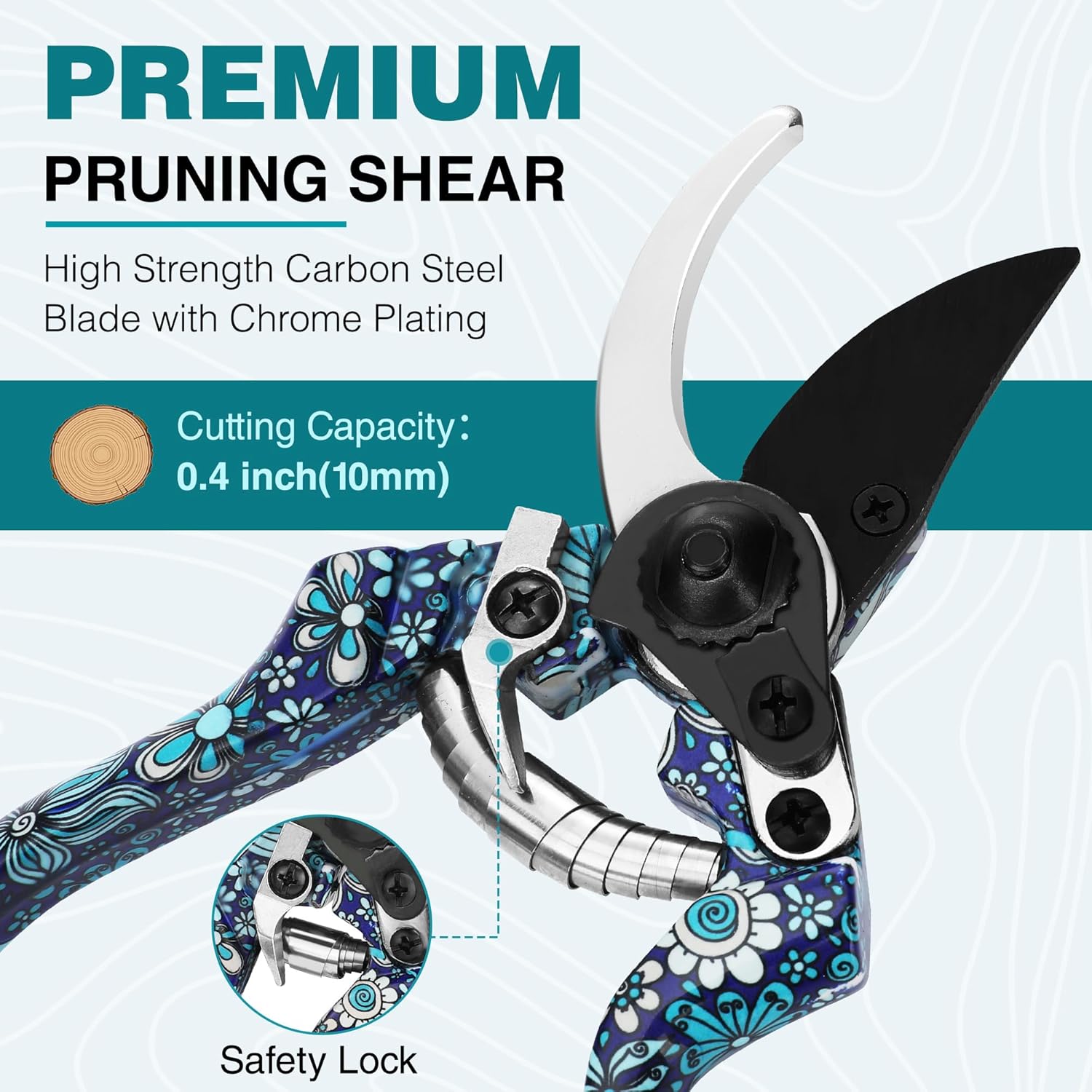 Premium pruners with blue floral wrap handle and black blade with safety lock