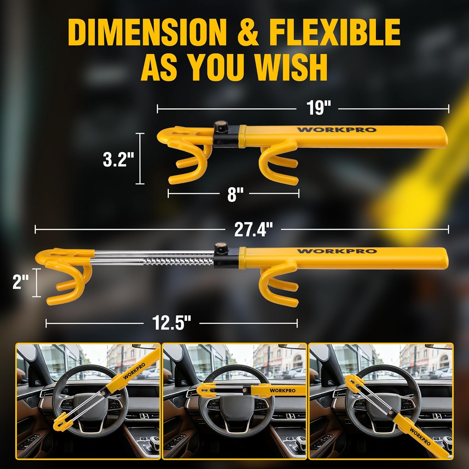 Yellow steering wheel lock with adjustable steel bar and U-shaped hooks, shown with dimensions