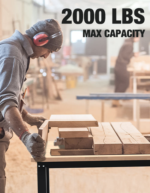 Worker lifting wooden boxes at a workshop with 2000 LBS max capacity text over the scene
