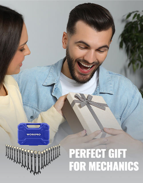 Man in denim shirt laughing while holding a wrapped gift box with ribbon, with a tool set graphic