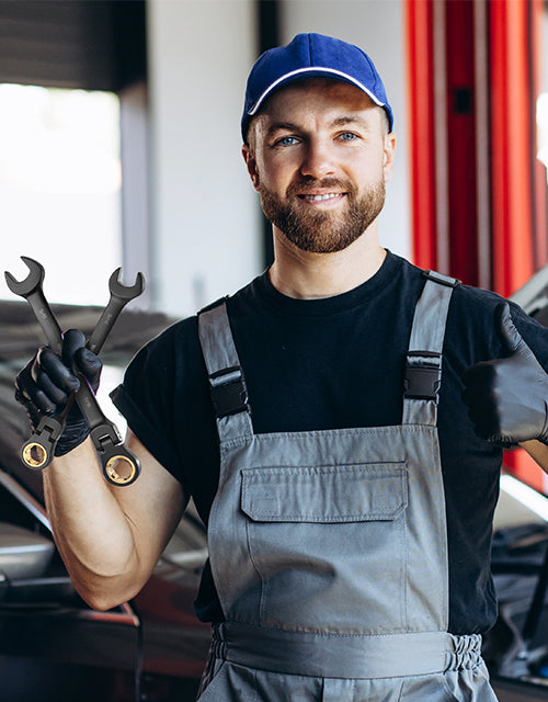 Delivery worker in blue cap and gray apron with gloves, innovation and quality in a workshop setting