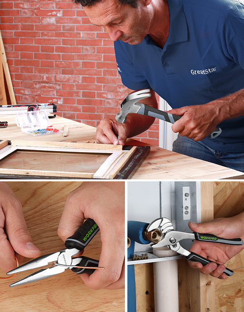 Man using hand tools to assemble wooden frame with innovation and quality, showing secure fasteners near brick wall