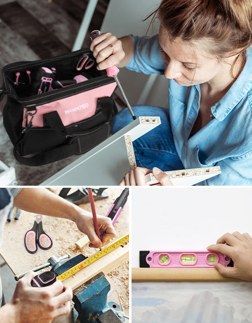Woman using tools and a level on a wooden surface, with innovation and quality in the workspace