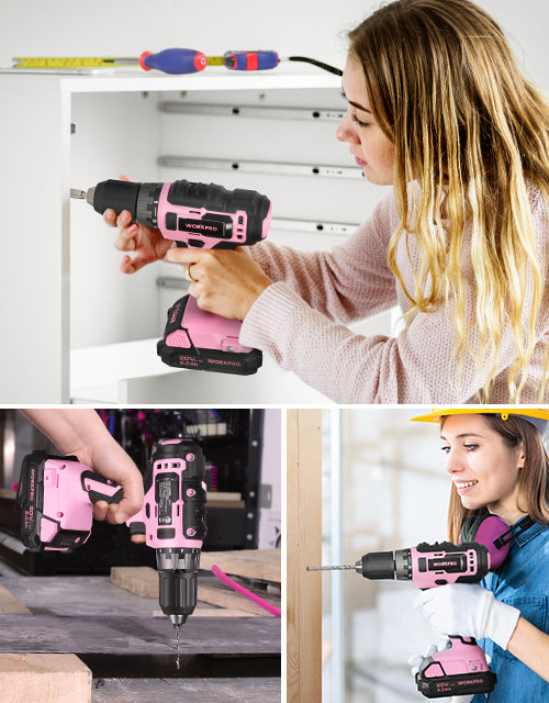 Woman using a power drill and screwdriver set, innovation and quality tools in a white workshop cabinet