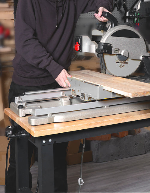 Woodworking saw on a workbench with innovation and quality, cutting a plank in a workshop setting
