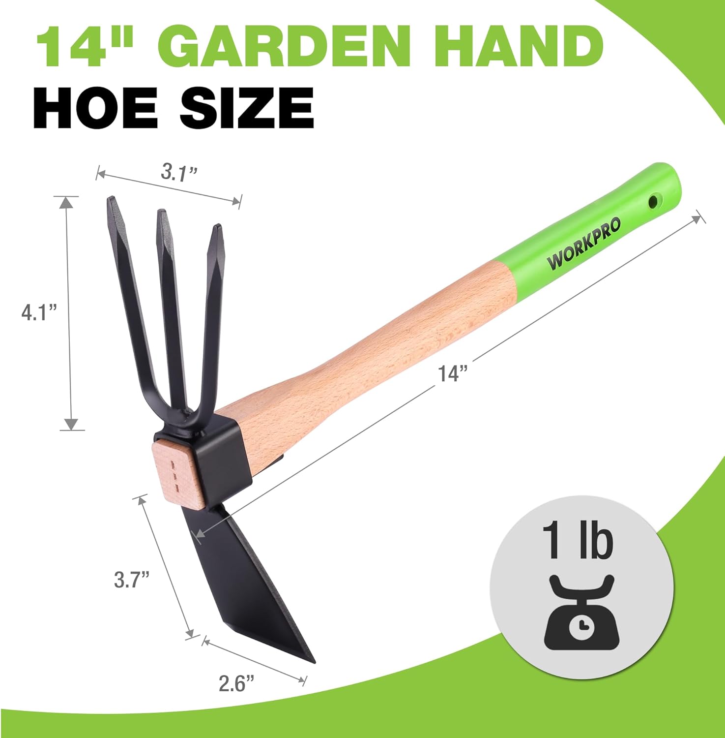 14 in garden hand hoe and cultivator with wooden handle, green grip, and black 3-tine head