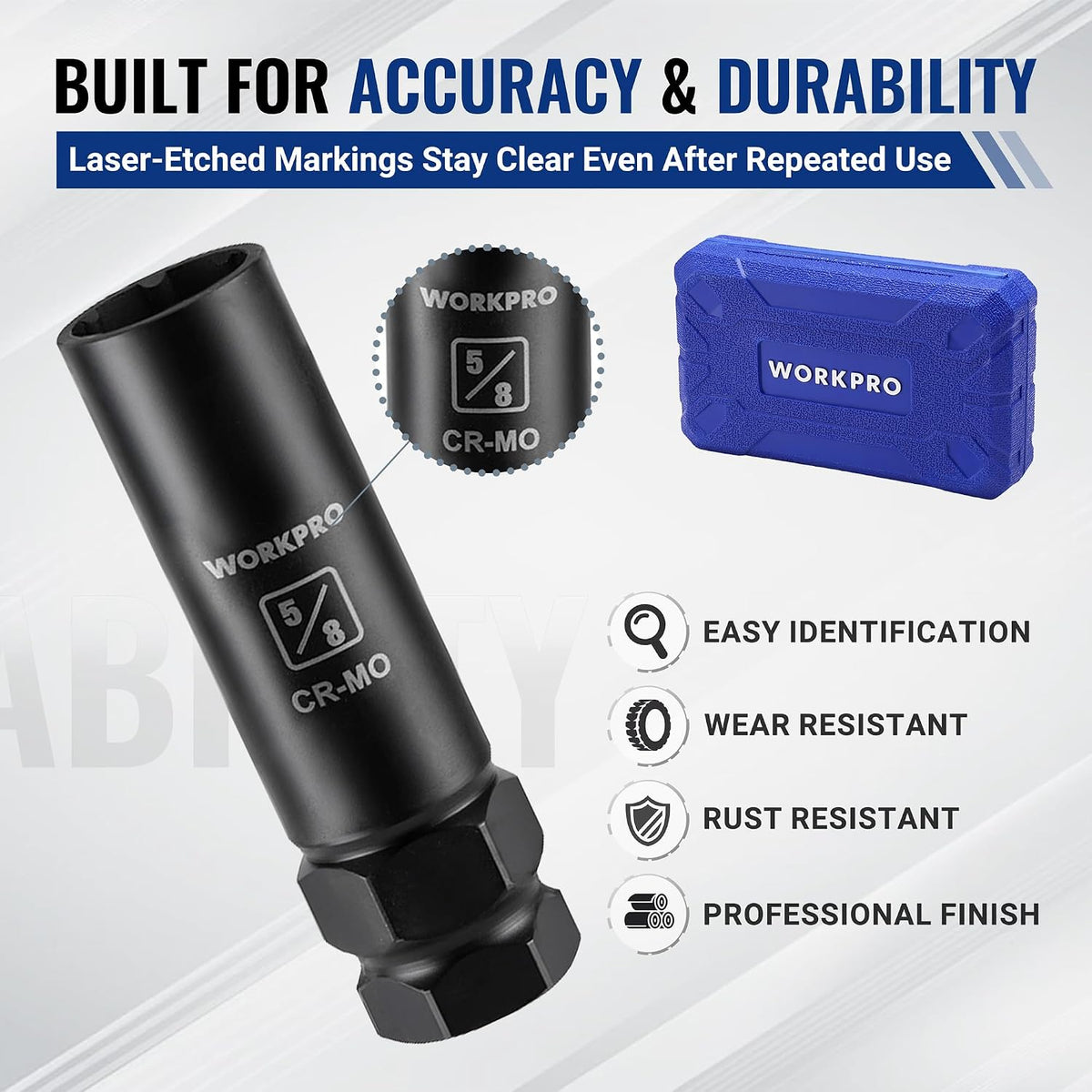 Workpro spline lug nut socket set in black with laser etched markings and durable finish for tire maintenance