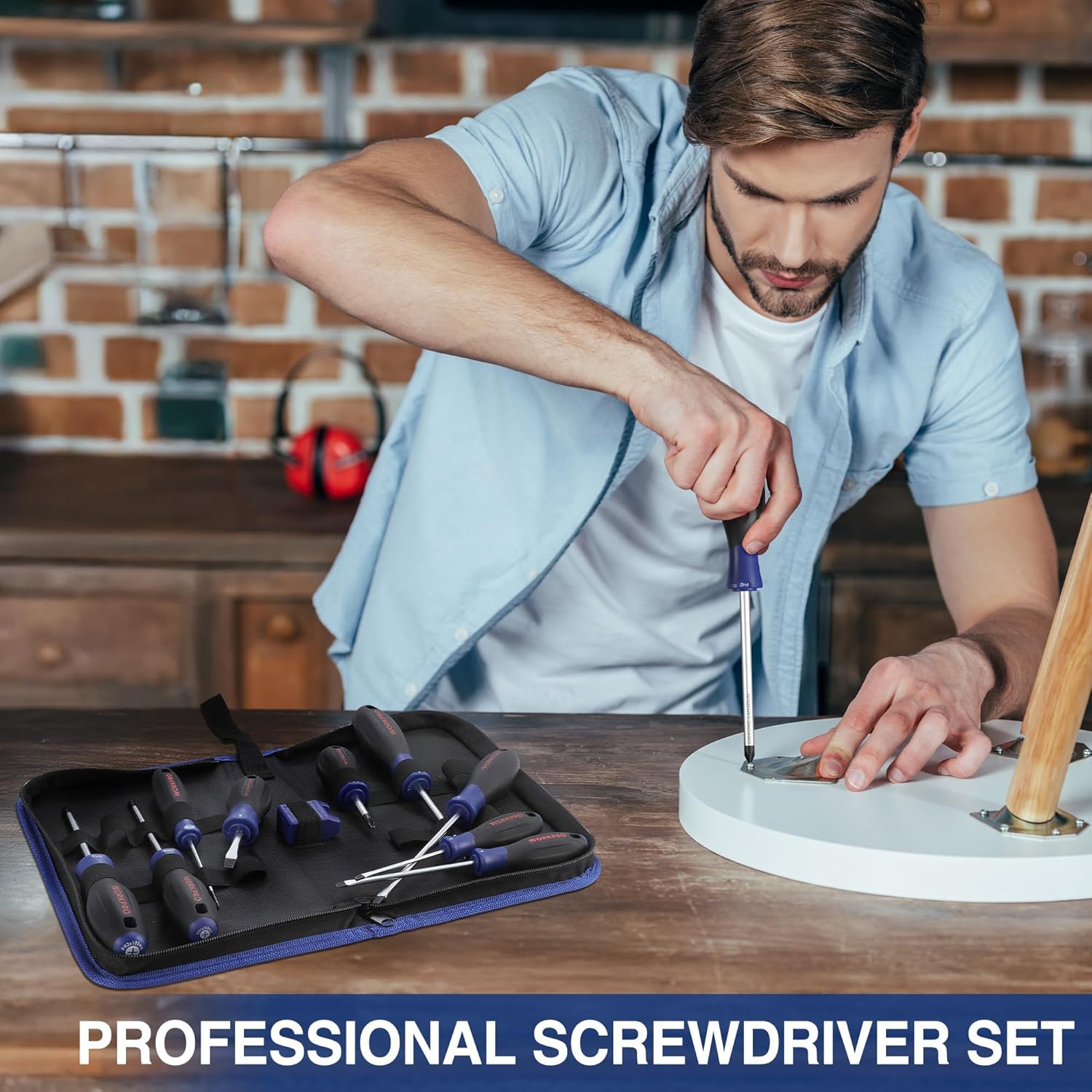 10-piece magnetic screwdriver set with pouch, blue and black non-slip handles