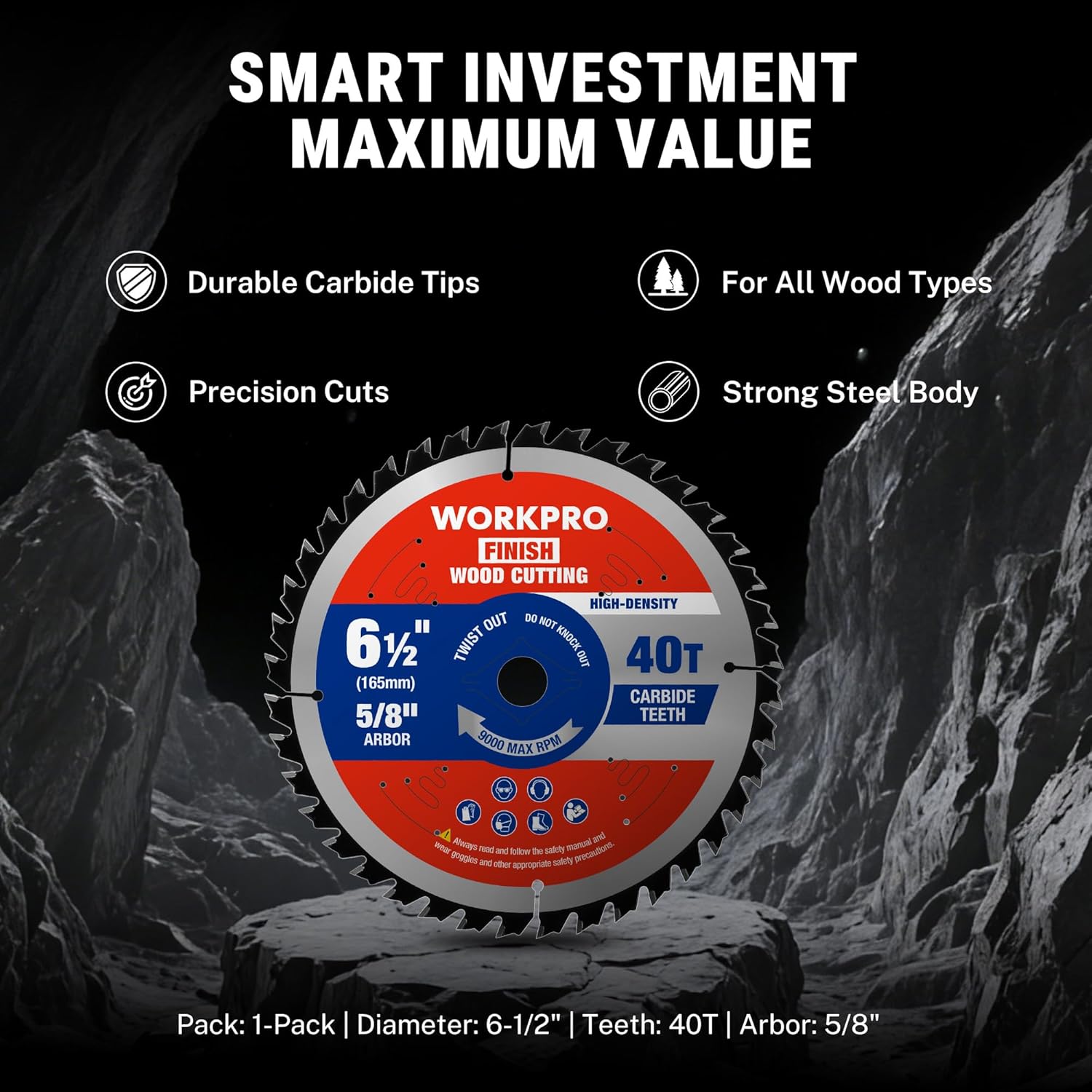 Circular saw blade, 6-1/2 in diameter, 40T carbide teeth, 5/8 in arbor, 1-pack