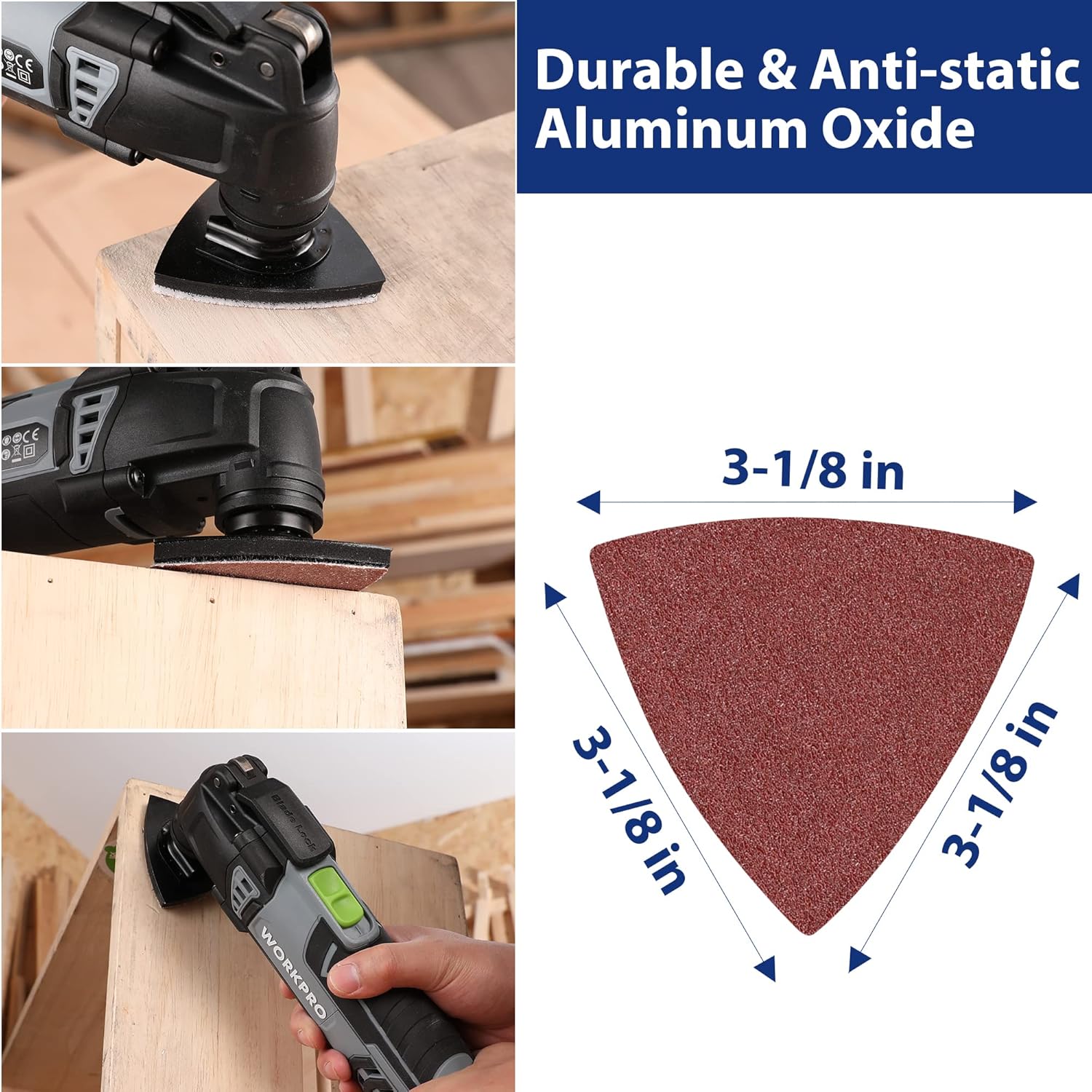 3-1/8 in triangular sanding pad with hook-and-loop, abrasive surface for oscillating tool