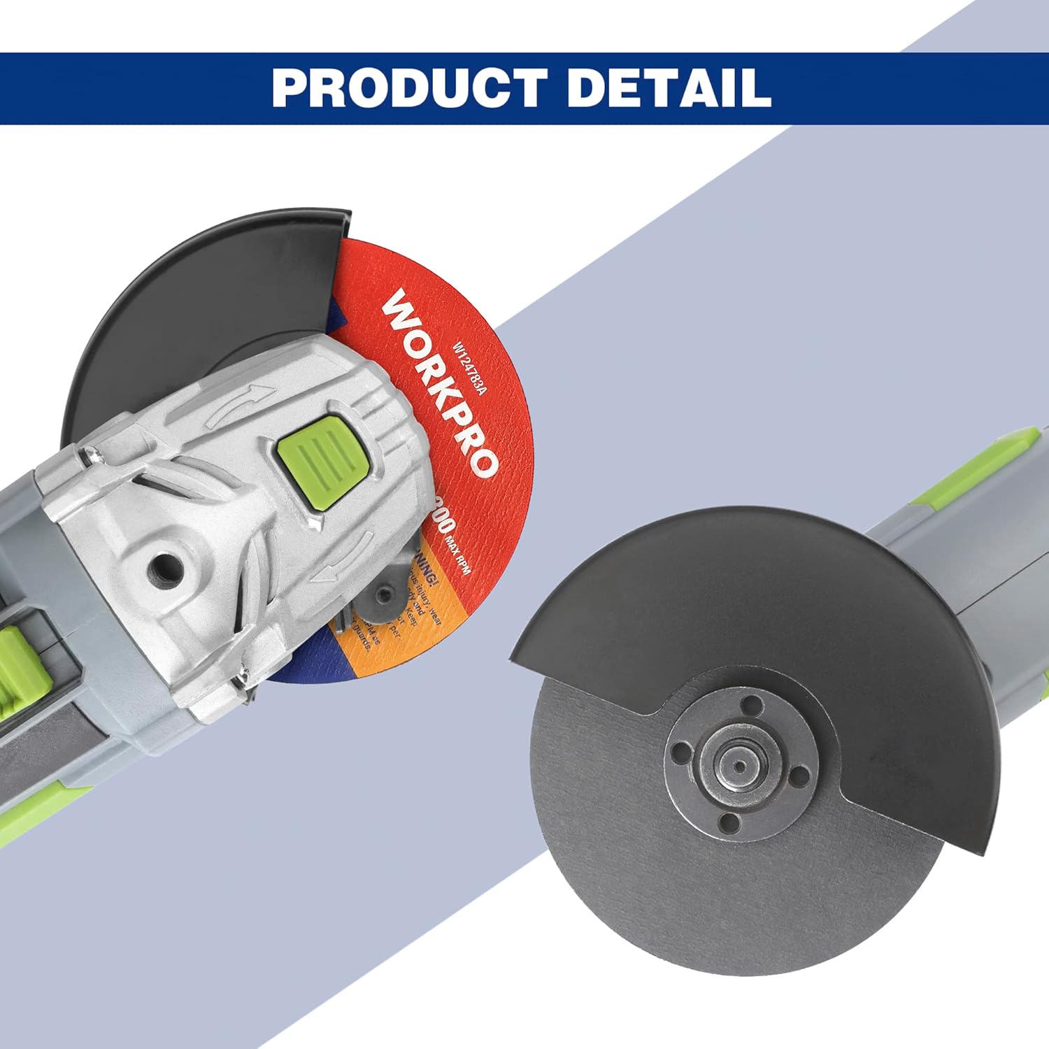 WORKPRO metal/stainless cutting wheel shown mounted on an angle grinder
