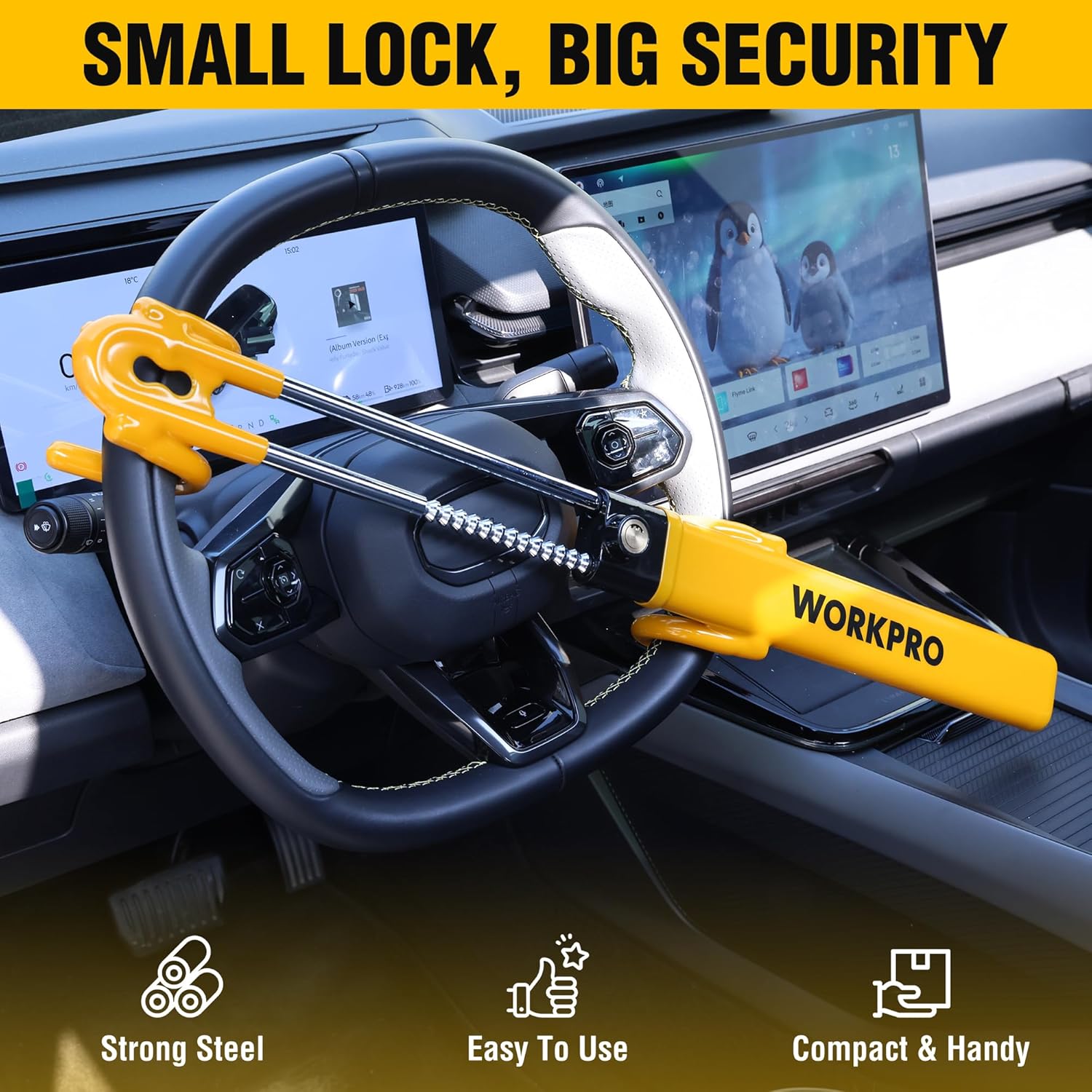 Yellow steering wheel lock with steel bar and keys installed on a car steering wheel
