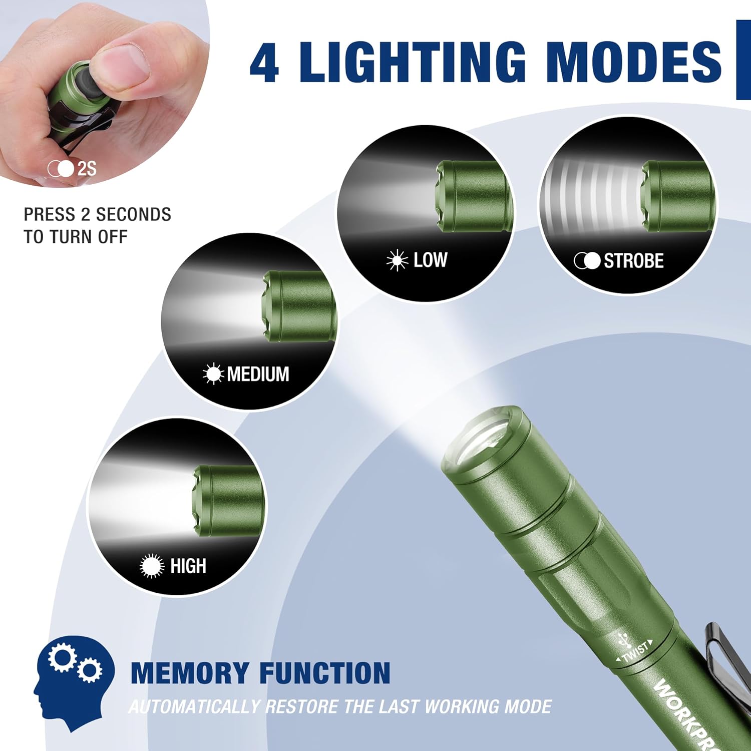 Green rechargeable mini pen light flashlight with clip and textured grip