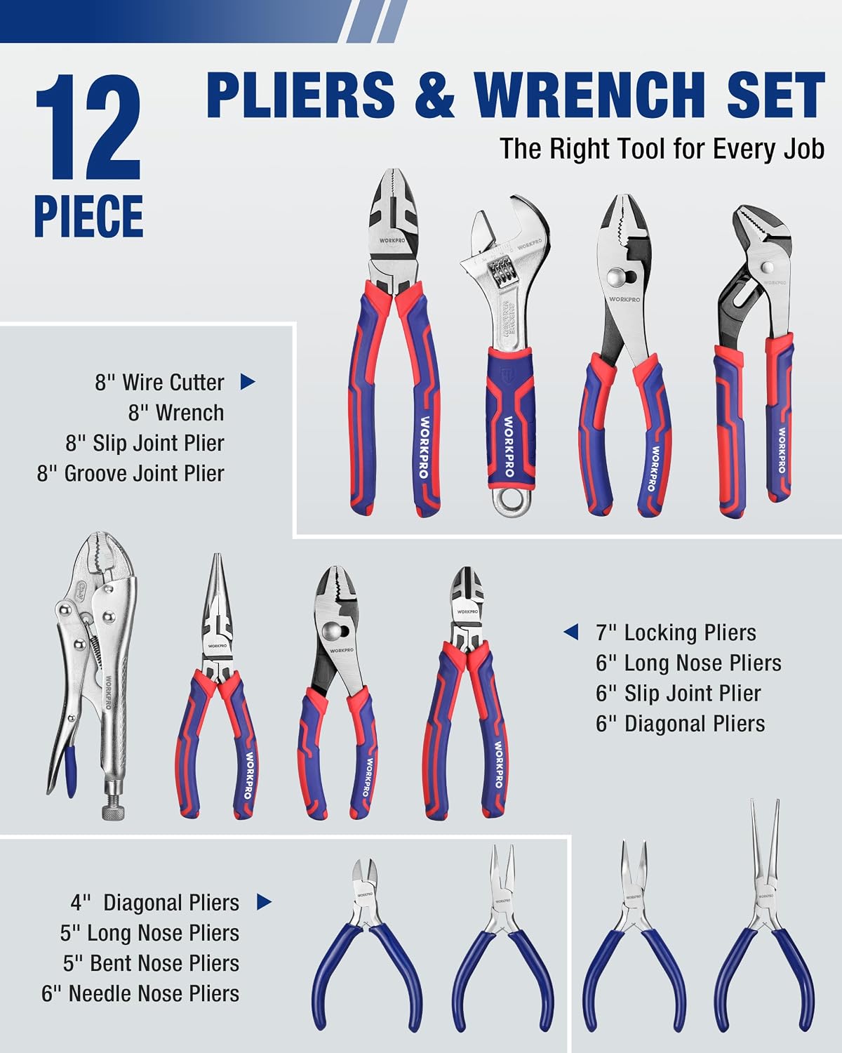 WORKPRO 12-piece pliers and wrench set overview diagram showing multiple tools