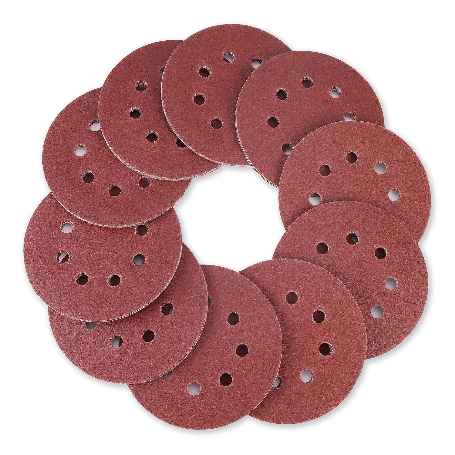 Assorted maroon hook-and-loop sanding discs with 8-hole dust extraction pattern