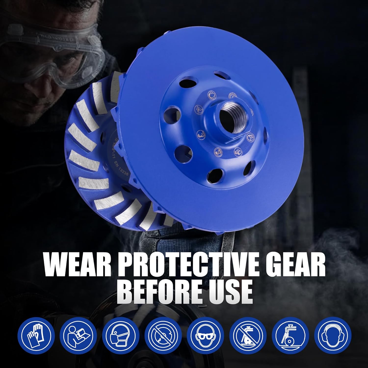 Blue diamond grinding cup wheel with segmented teeth, shown with safety gear