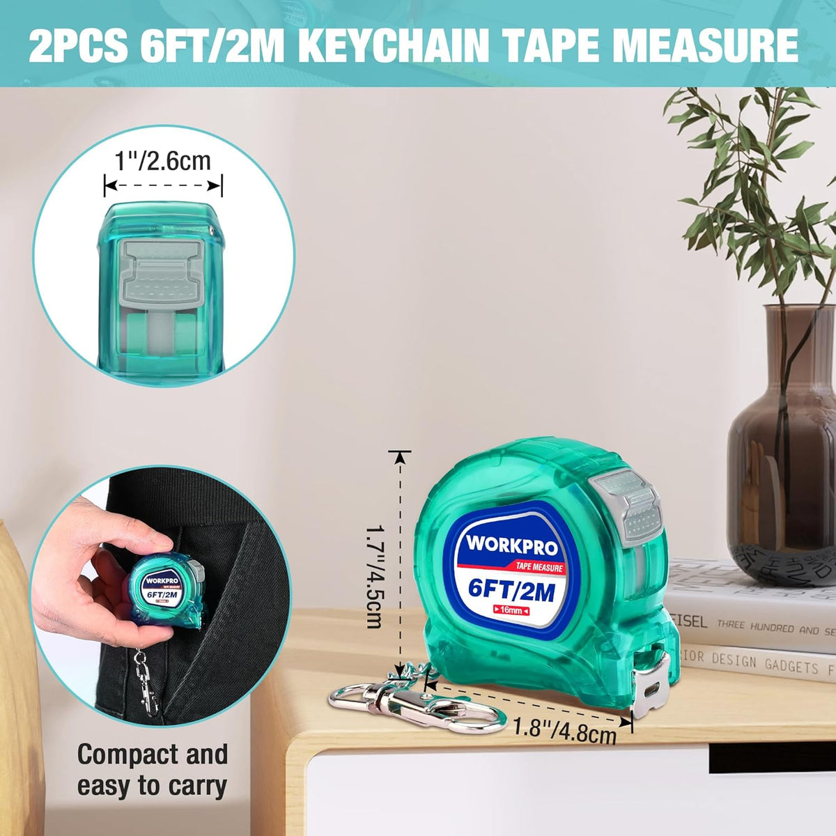 Green 6 ft/2 m keychain tape measure with ABS case and pull-out inch/metric blade