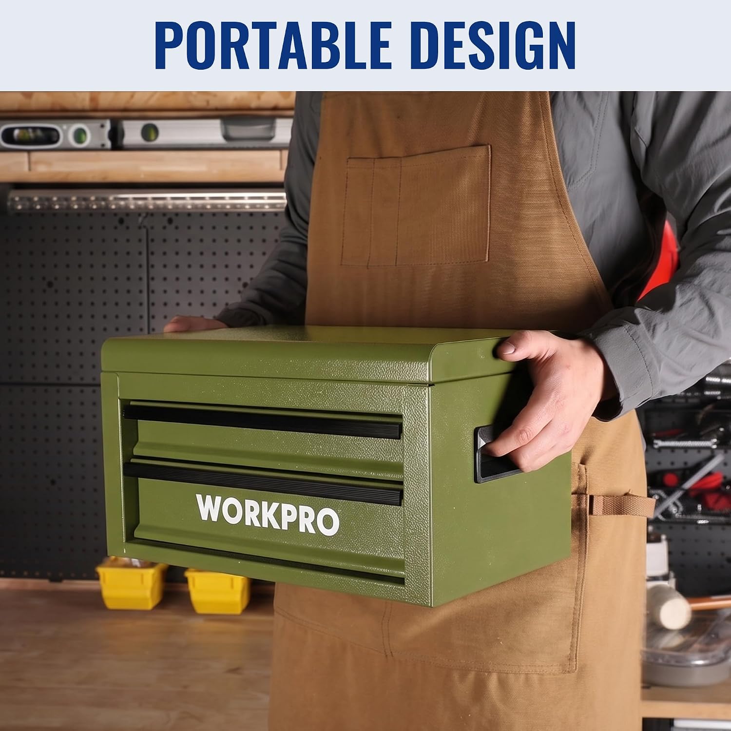 WORKPRO 15-Inch Metal Tool Box with 2 Drawers & Top Storage, Green