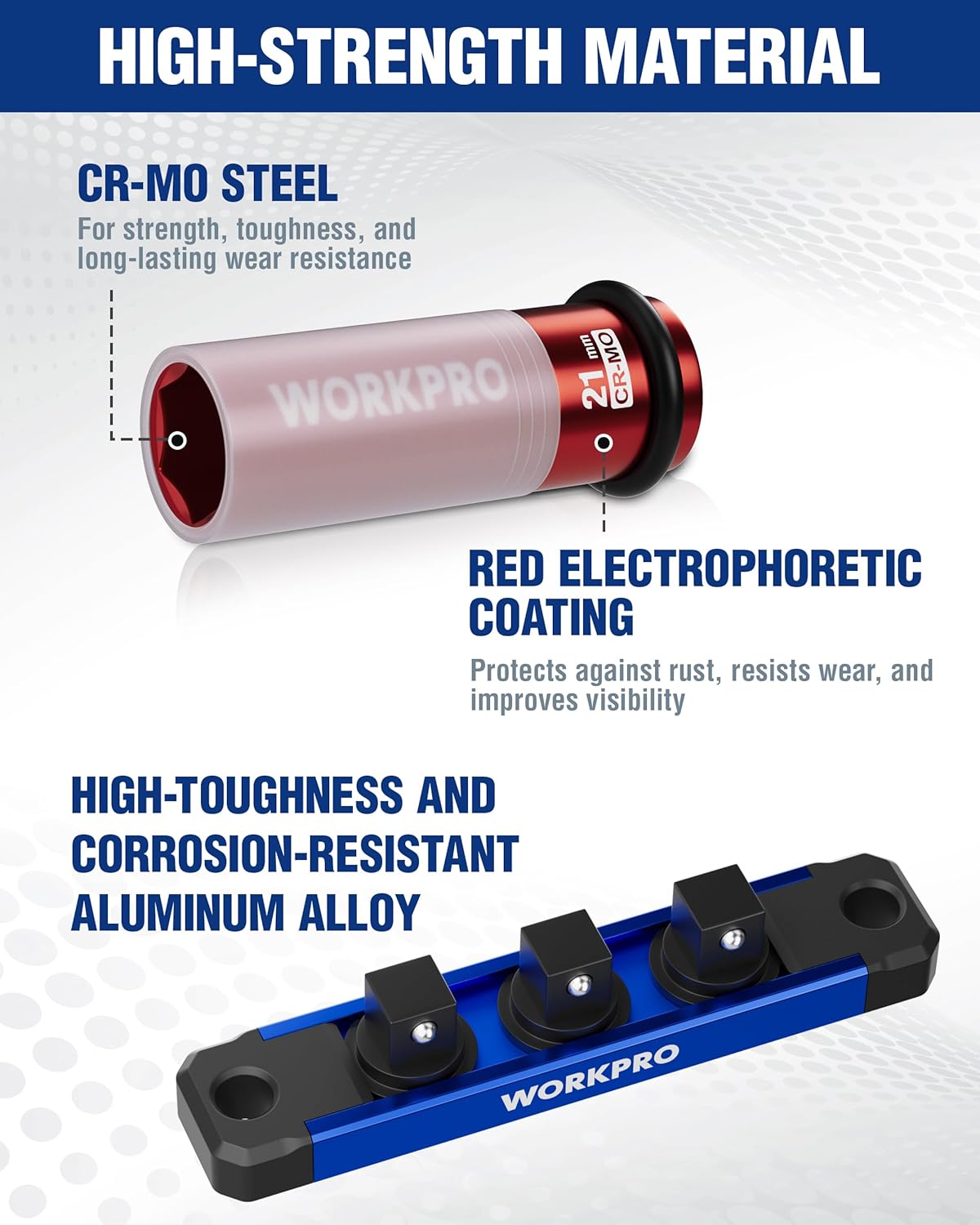 CR-MO steel impact lug nut socket set with red electroplated coating and rail