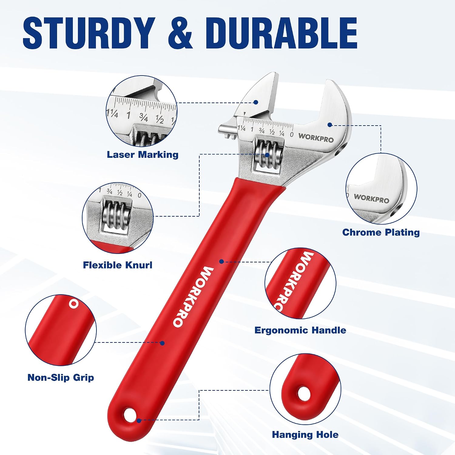 Red adjustable wrench with laser-etched dual scales, knurled grip, and hanging hole