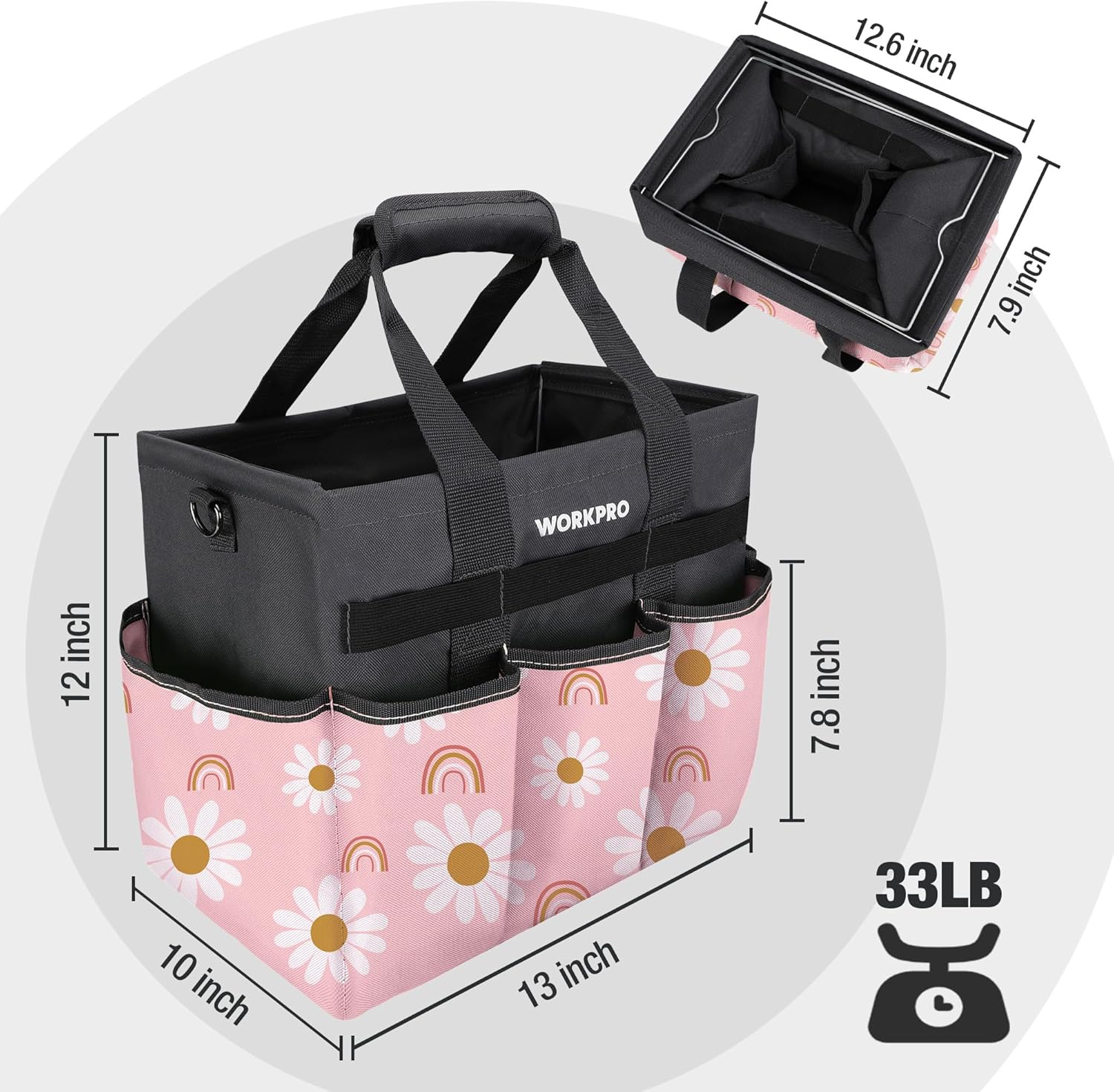 WORKPRO floral pink tool tote with 10 pockets and long adjustable shoulder strap