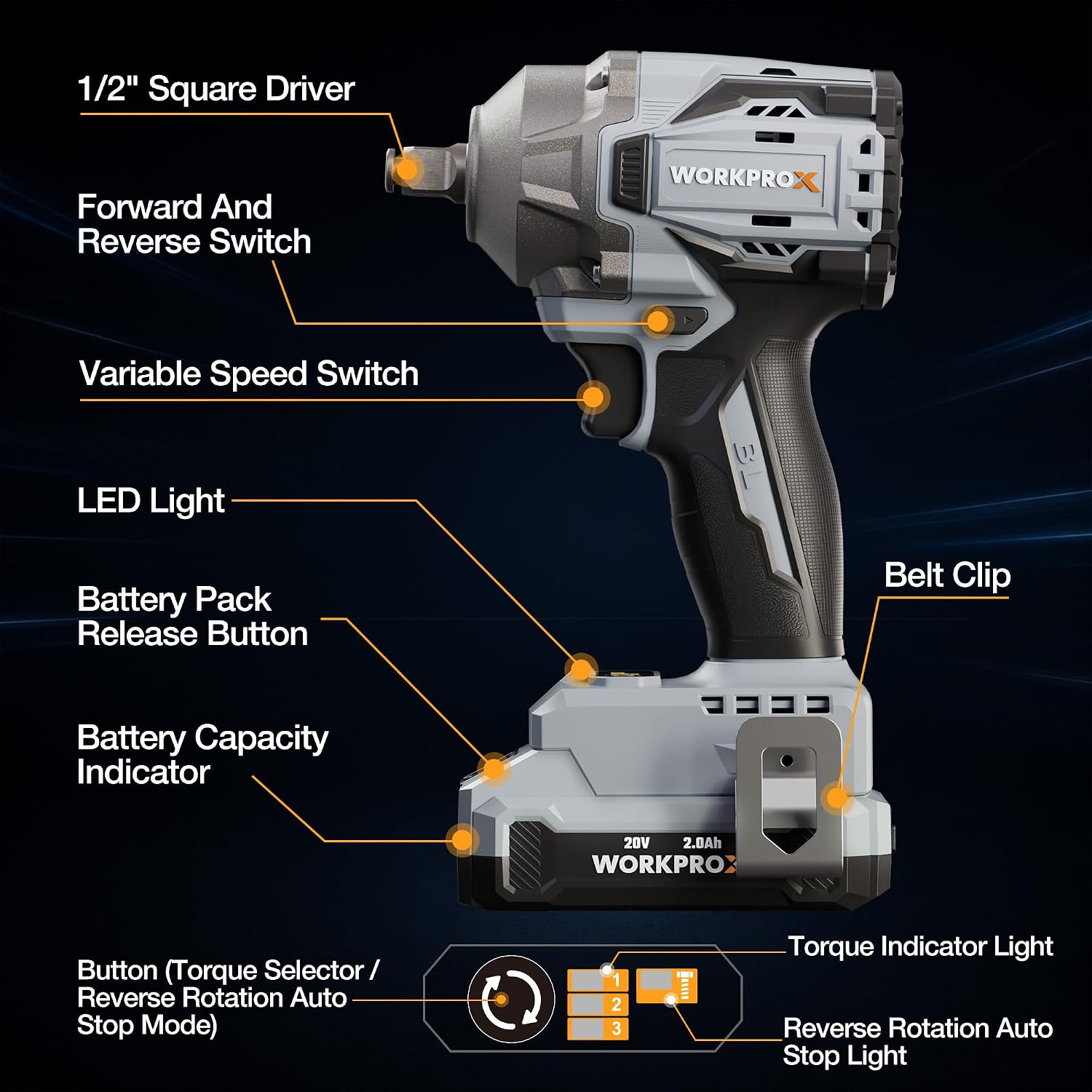 WORKPROX 1/2" square-drive impact wrench with variable speed switch and LED