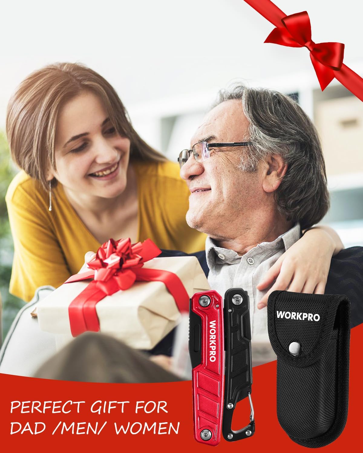 Multitool pliers with red-and-black design and black belt sheath, gift-ready