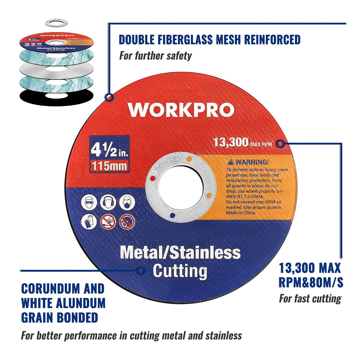 Workpro 50 pack cut off wheels in red and blue with corundum and white alundum abrasive, double fiberglass mesh reinforced.