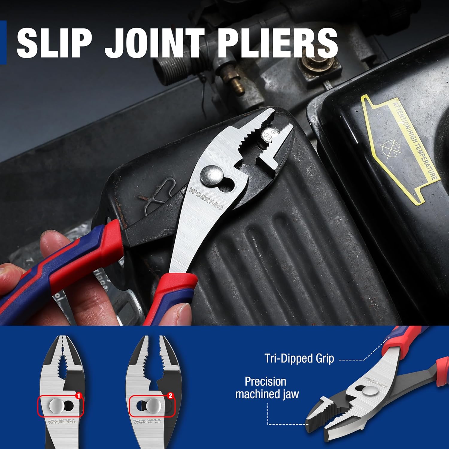WORKPRO slip joint pliers with serrated jaws and red soft-grip handles