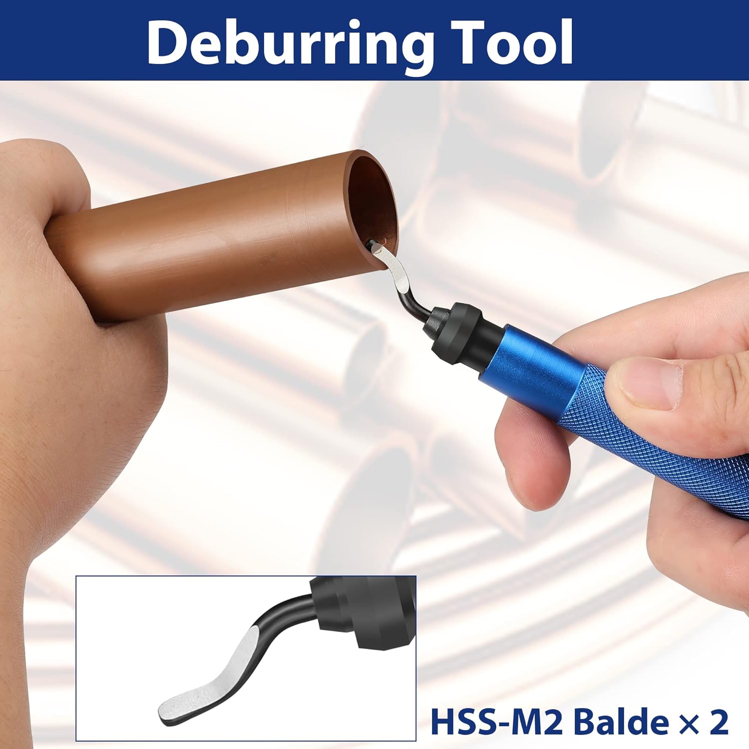 Deburring tool with HSS-M2 blade for smoothing cut copper tube edges