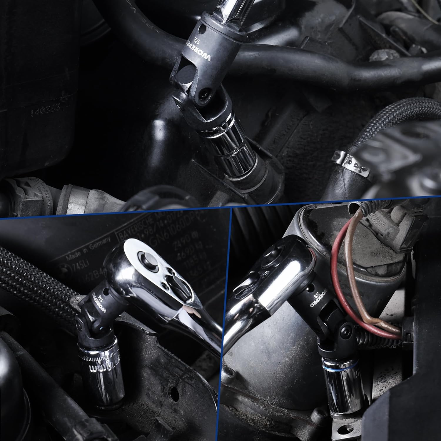 Universal joint adapters installed on tool ends with flexible drive connections
