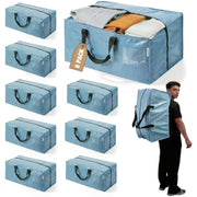 Pack of dusty blue foldable moving totes with black handles and zipper closures.