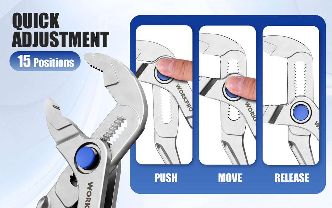 Adjustable wrench diagram with innovation and quality cues, showing push, move, and release positions