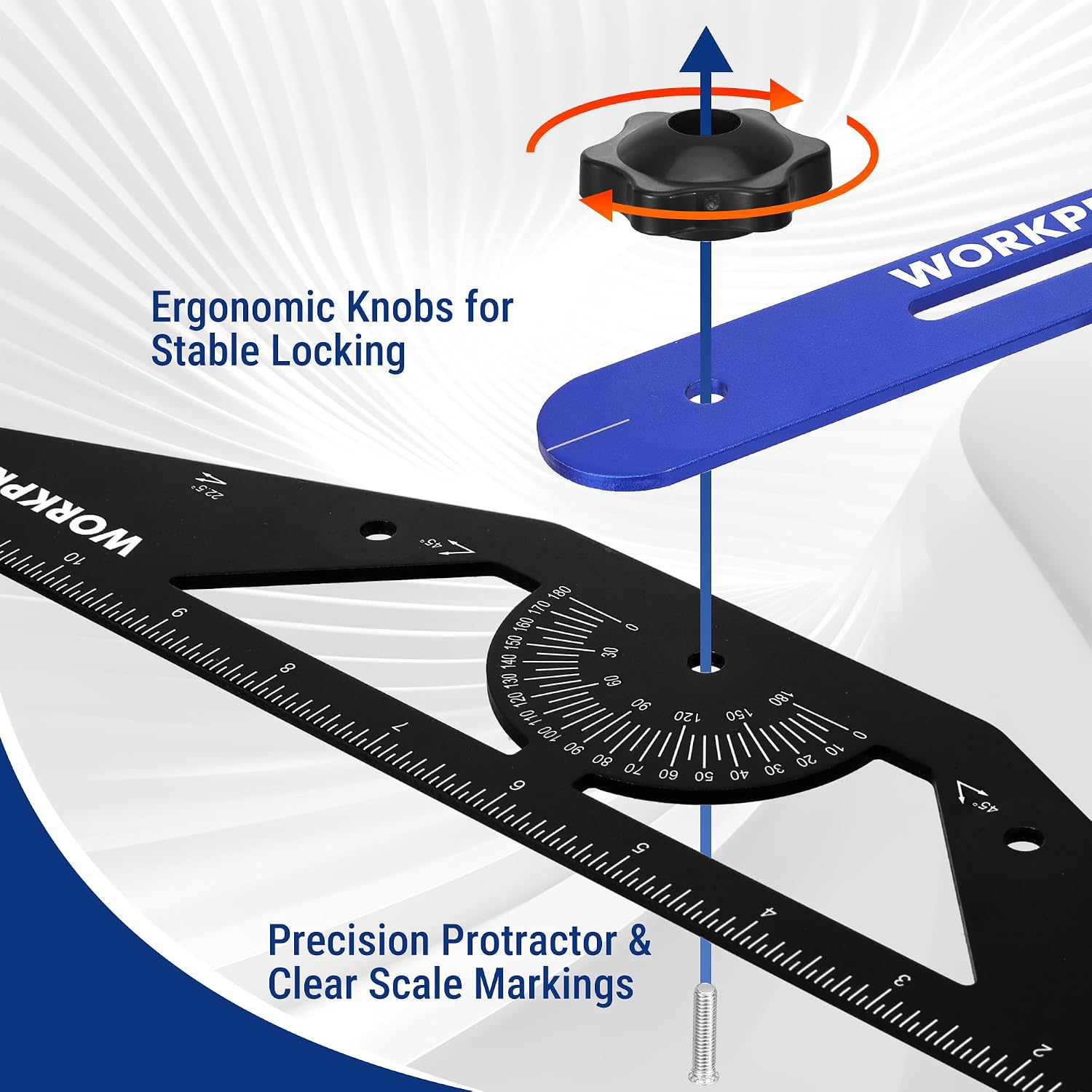 Stair template gauge with ergonomic lock knob and precision protractor scale on black arm