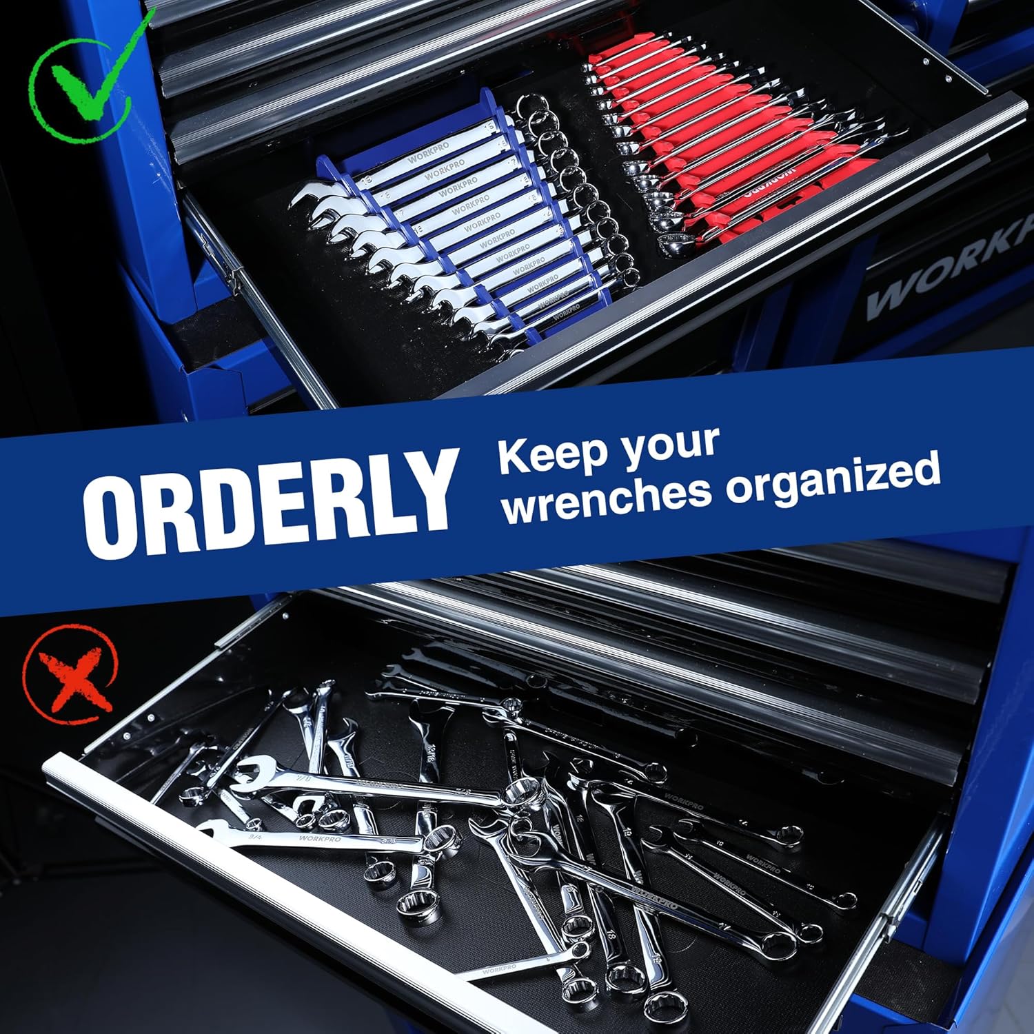 Magnetic wrench organizers inside a toolbox drawer with red and blue wrench holders