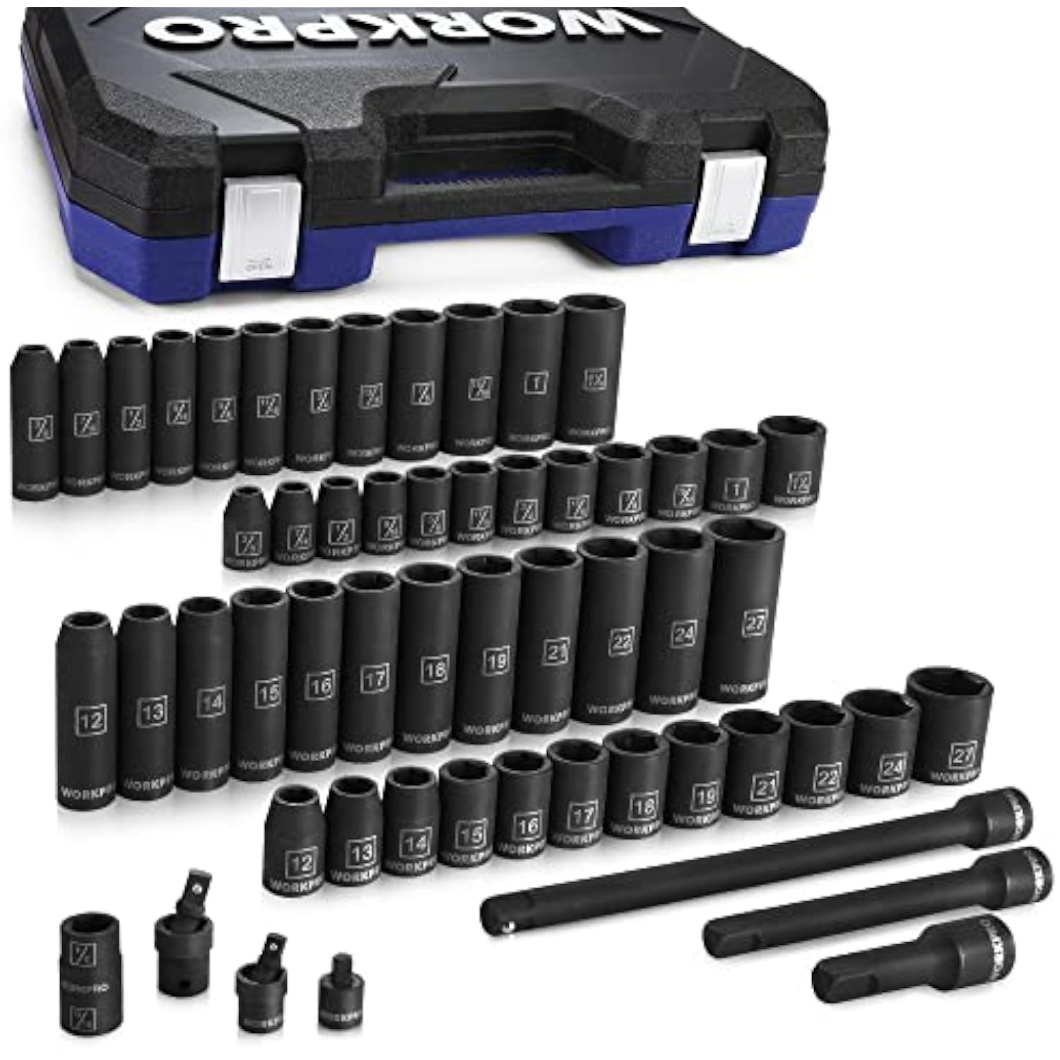 WORKPRO impact socket set in storage case with black sockets and extension bars