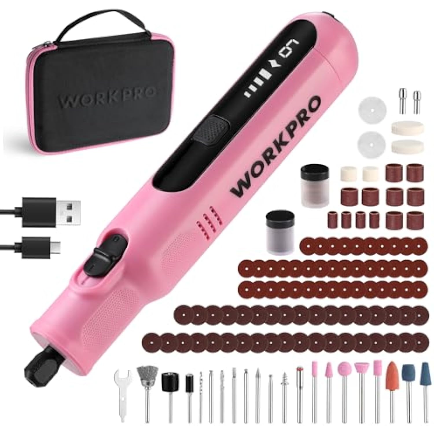 WORKPRO 8V Cordless Rotary Tool Kit, 117 Accessories, 6 Variable Speeds, LED Light, Type-C Charging, for DIY Projects－Pink Ribbon
