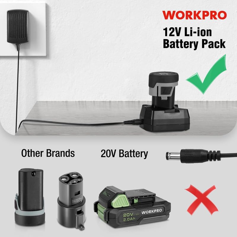 WORKPRO 12V Li-ion battery charger base with green compatibility check