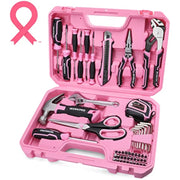 Pink tool storage case with assorted tools, screwdrivers, wrenches, and pliers