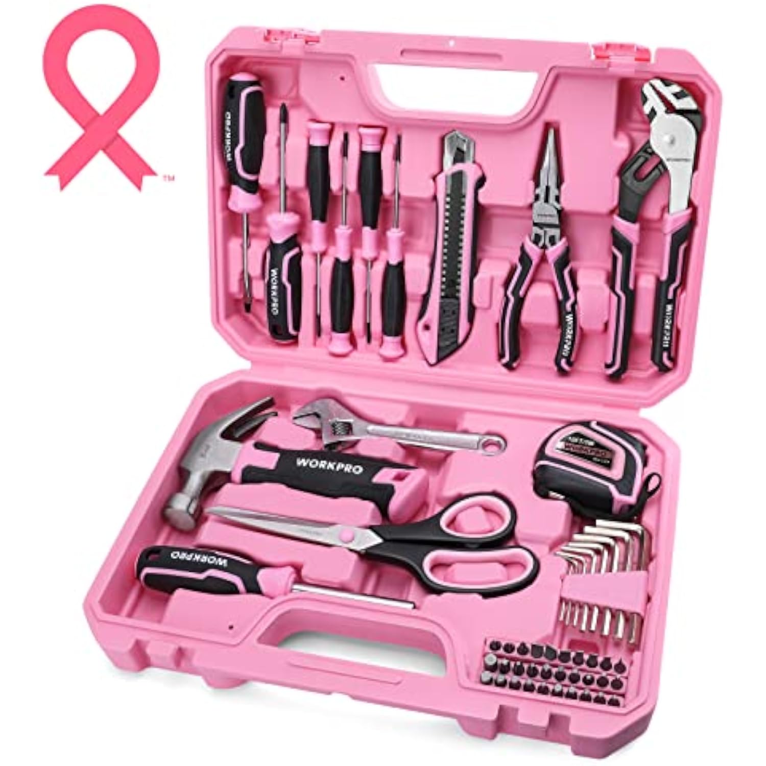 Pink tool storage case with assorted tools, screwdrivers, wrenches, and pliers