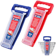Pair of blue and red plastic wrench storage cases with rack insert for wrenches