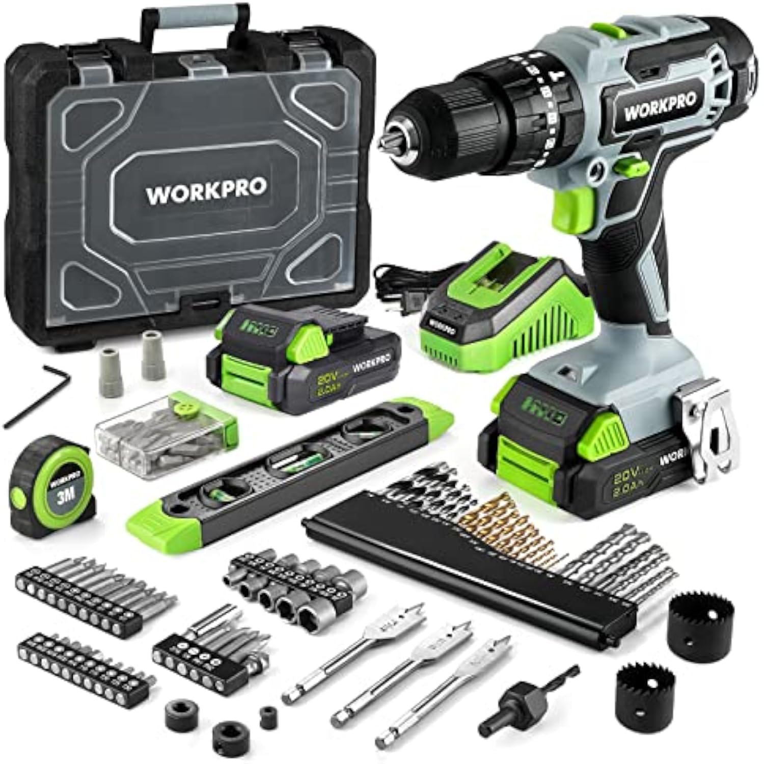 WORKPRO 20V cordless drill set with tool case, drill, two batteries, and mixed bit accessories