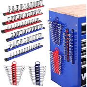 Blue magnetic socket organizer with multiple sockets on red and blue rails