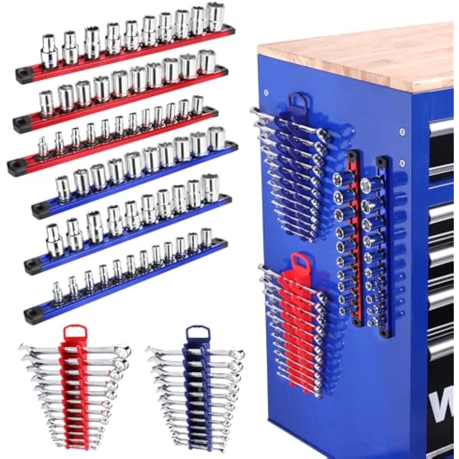 Blue magnetic socket organizer with multiple sockets on red and blue rails