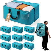 Blue moving tote bag with zipper top and black handles, packed items inside