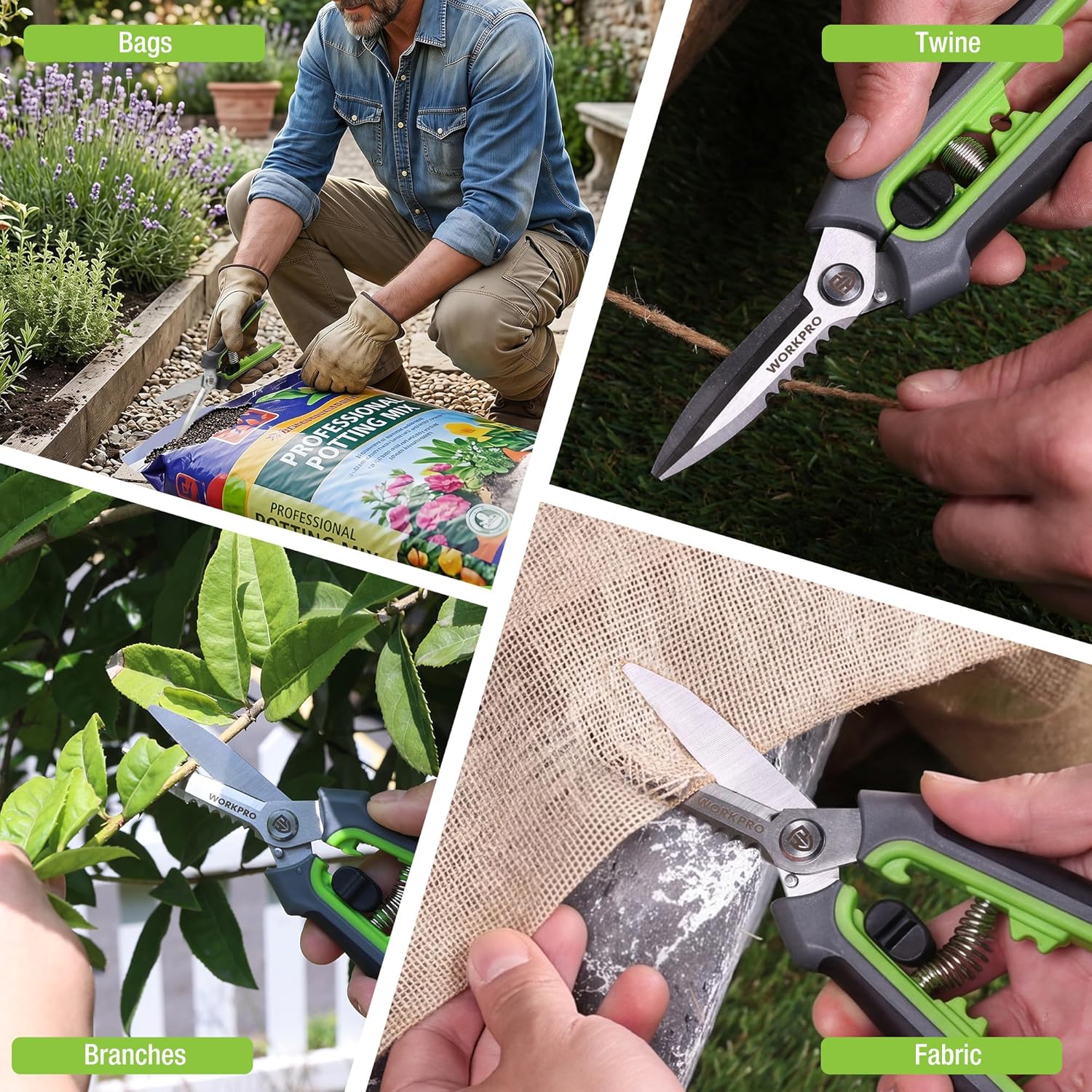 WORKPRO pruning shears cutting fabric, spring mechanism and serrated plus straight blades