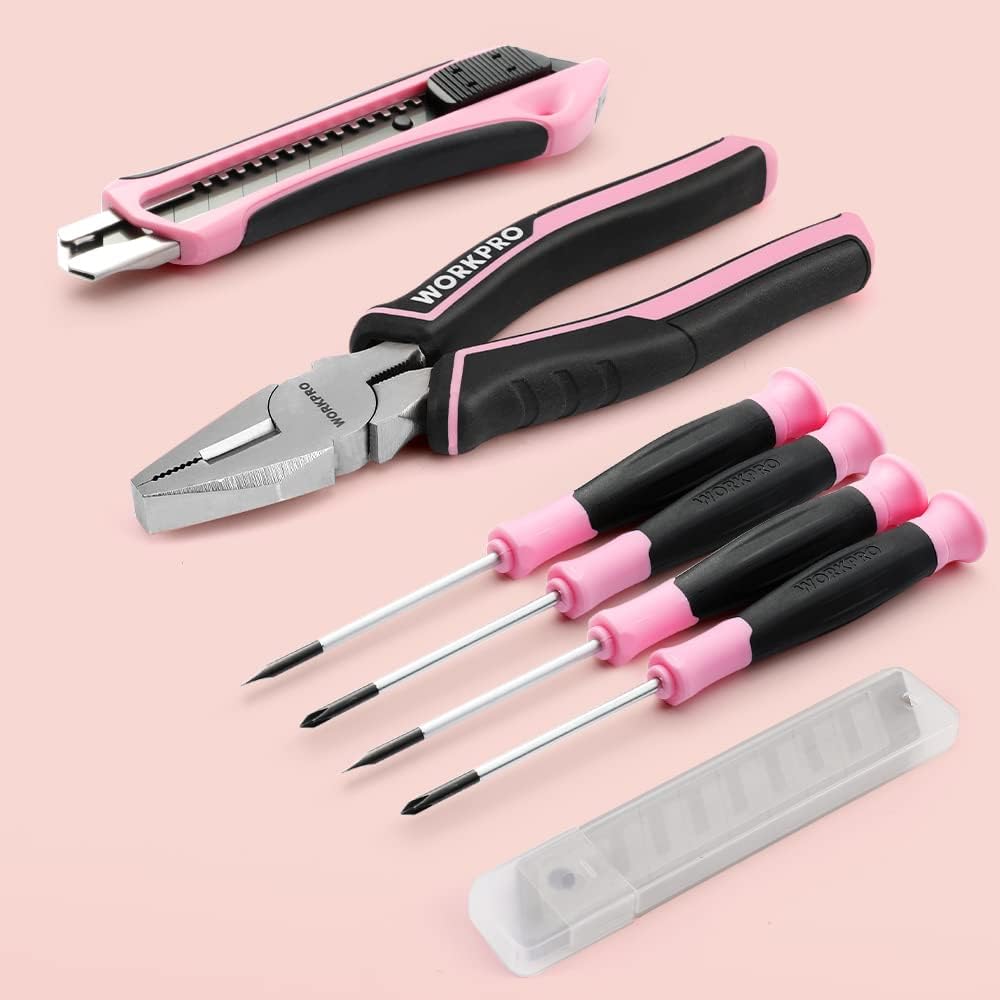Pink and black household tool set with cordless screwdriver, bits, and tool case