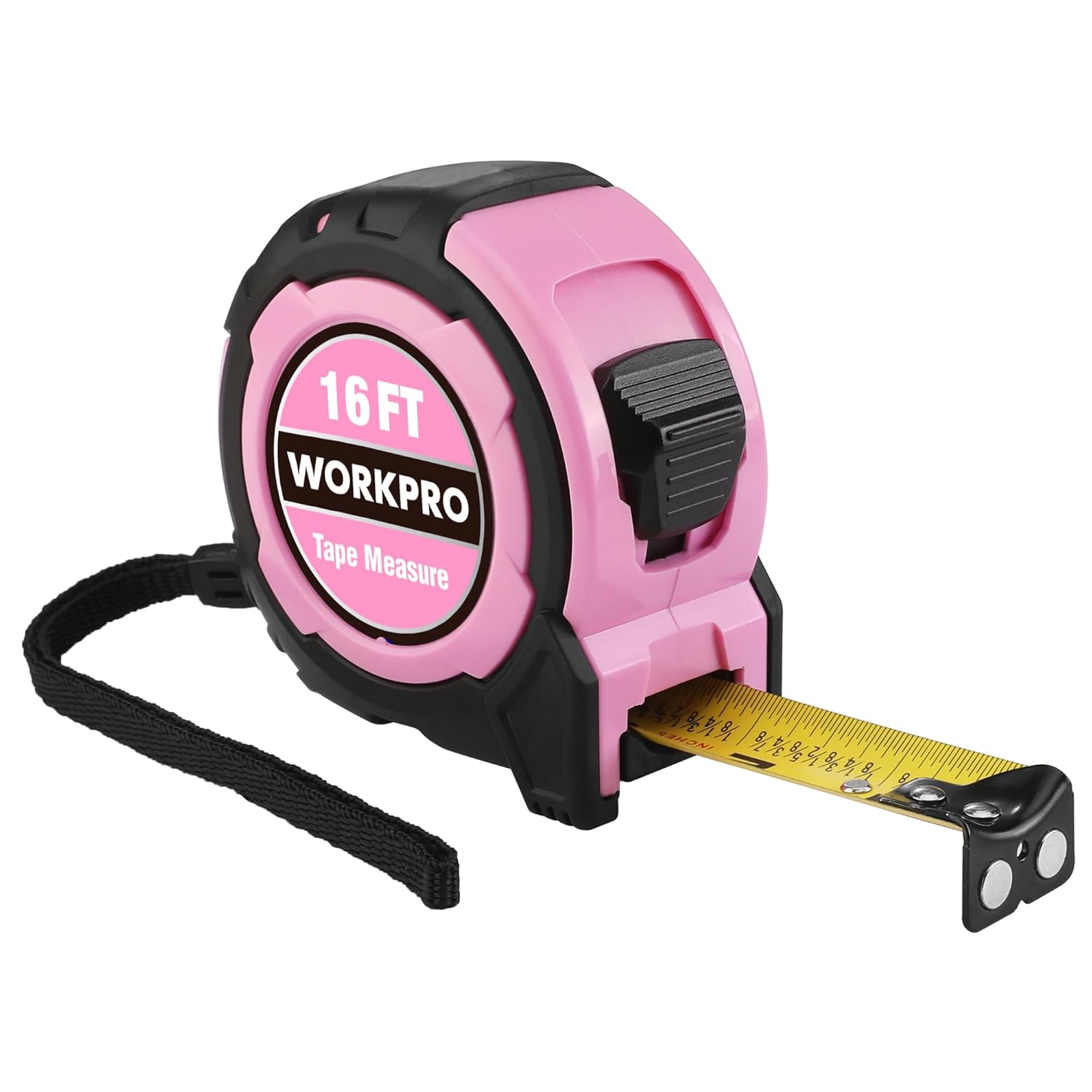 Pink and black retractable tape measure with WORKPRO label, 16FT, belt strap