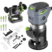 Compact plunge router kit with included parts and bit holders laid out