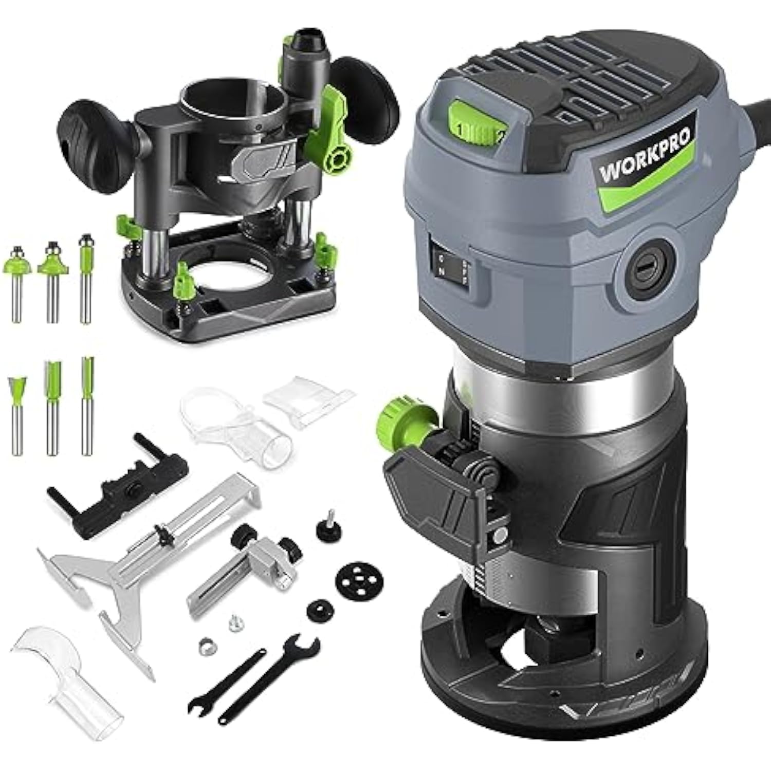 Compact plunge router kit with included parts and bit holders laid out